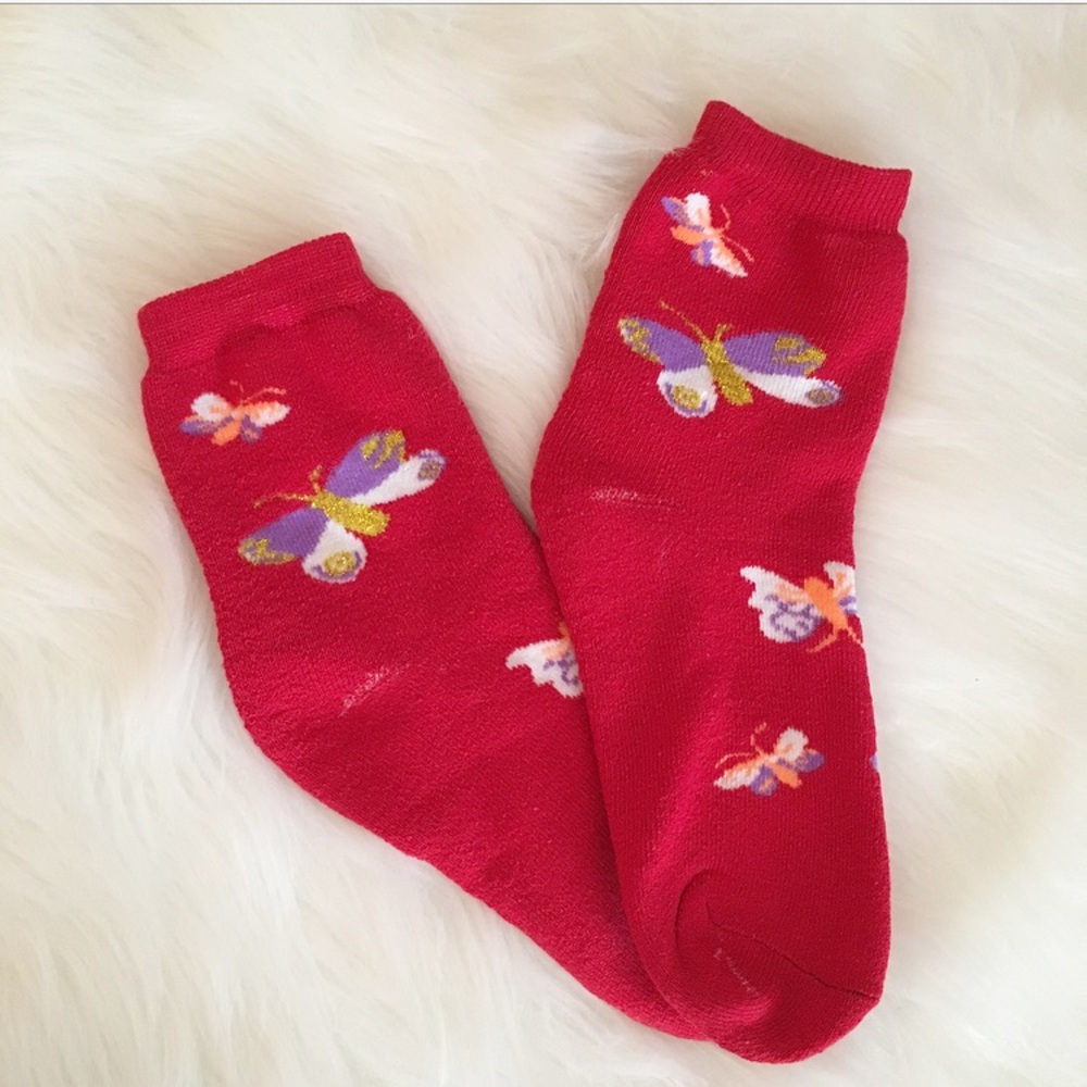 Cozy Kawaii Red Butterfly Socks w Metallic Thread